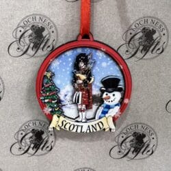 Christmas Decoration - Round Wooden Scottish Piper and Snowman