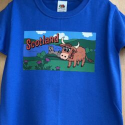 Childs T Shirt Highland Cow at Castle Blue Child T-Shirt - Highland Cow at Urquhart Castle Scotland Blue