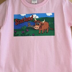 Childs T Shirt Highland Cow at Castle Pink Child T-Shirt - Highland Cow at Urquhart Castle Scotland Pink