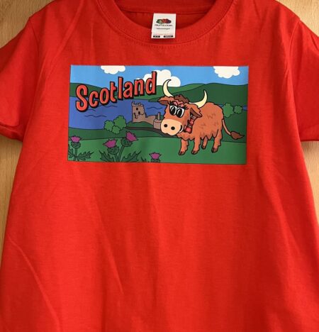 Child T-Shirt - Highland Cow at Urquhart Castle Scotland Red