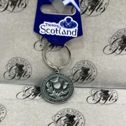 keyring - pewter thistle and piperman Keyring - Round Pewter Thistle and Piperman