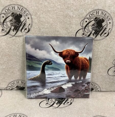 Magnet - Majestic Highland Cow with Nessie at Loch Ness