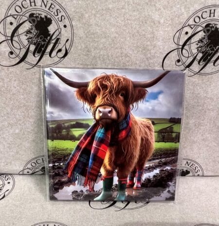 Magnet - Square Highland Cow in Wellies Magnet - Majestic Highland Cow in Tartan Scarf and Wellies