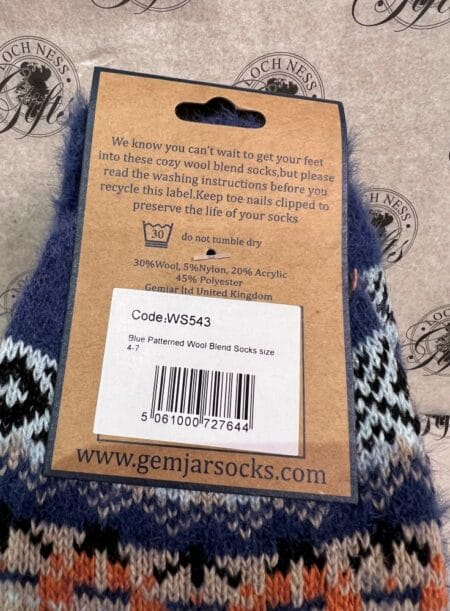 Wool blend sock blue pattern label Socks - Wool Blend Socks Blue Patterned