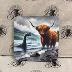 Coaster - Highland Cow and Loch Ness Monster Nessie Coaster - Majestic Highland Cow with Nessie at Loch Ness