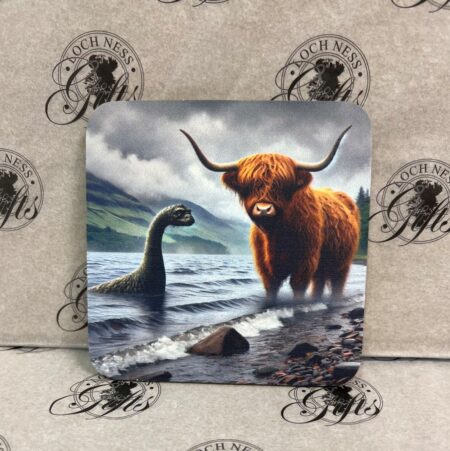 Coaster - Highland Cow and Loch Ness Monster Nessie Coaster - Majestic Highland Cow with Nessie at Loch Ness