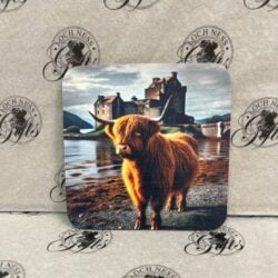 Coaster - Highland Cow at Eilean Donan Castle Coaster - Majestic Highland Cow at Eilean Donan Castle