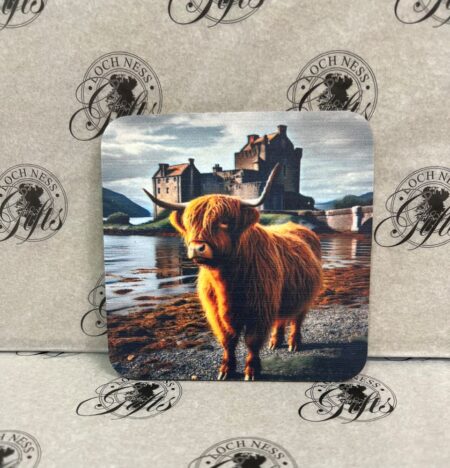 Coaster - Highland Cow at Eilean Donan Castle Coaster - Majestic Highland Cow at Eilean Donan Castle