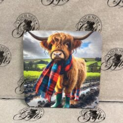 Coaster - Highland Cow in Wellies Coaster - Majestic Highland Cow in Tartan Scarf and Wellies