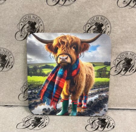 Coaster - Highland Cow in Wellies Coaster - Majestic Highland Cow in Tartan Scarf and Wellies